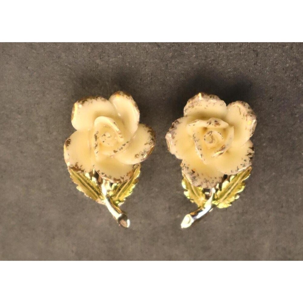 Coro White Rose Ceramic Vintage Earrings